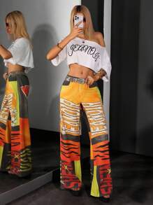 Jeanoix 街头风格涂鸦印花低腰阔腿牛仔裤 - 彩色 - 查看 5