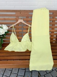 Comfortcana Women's Linen Cream Yellow Tank Top And Pants Set, Summer - Yellow - View 2