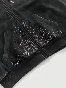 ROMWE MEN Street Life Men's Casual Washed Rhinestone Hoodie Sweatshirt - Black - View 4