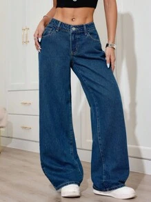 SHEIN PETITE Jeans de tiro bajo y pierna ancha de estilo casual lavado para mujer - Azul - Ver 4