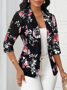 SHEIN Lady Áo khoác vest mỏng dành cho nữ phù hợp với mọi mùa Áo khoác blazer nữ công sở thường ngày họa tiết hoa - màu đen - Xem 3