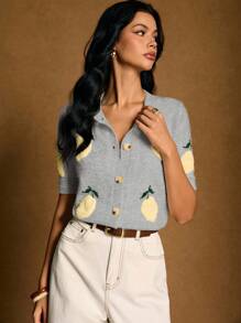 Poéselle 柠檬刺绣休闲针织短袖开衫 - 淺灰色 - 查看 4