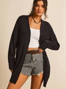 SHEIN LUNE Plus Solid Button Front Cardigan In Fall/Winter - Black - View 3