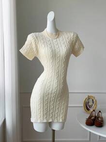 Comfortcana Women's Twist Cable Pattern Backless Lace-Up Short Sleeve Knitted Dress - Apricot - View 2