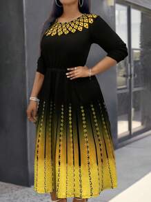 SHEIN Clasi 大码女式优雅渐变格子印花圆领A字中袖连衣裙长款女装 - 黃色 - 查看 4