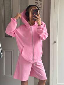 CovetEZ 2件套女士休闲粉色连帽衫和短裤套装 - 粉色 - 查看 3