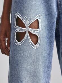 Slaydiva 女式蝴蝶镂空刺绣水钻装饰牛仔裤 - 淺色水洗藍 - 查看 5