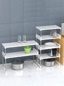 SHEIN 1pc 1/2/3 Layers Flexible Vertical Storage Rack, Stainless Steel Support Frame, Plastic Panel, Adjustable Length Size, Suitable For Kitchen Storage, Home Storage, Dormitory Storage