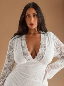 SHEIN BAE 大码女式V领蕾丝透视度假连衣裙，紧身连衣裙，春夏