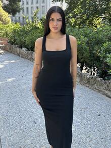 Lucia Bellido 高弹力罗纹针织宽带女式高开叉修身长裙，女士度假装 - 黑色 - 查看 1