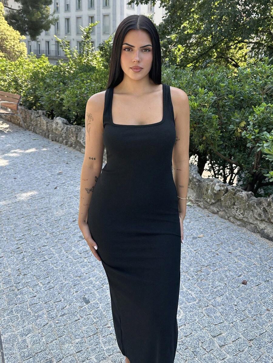 Lucia Bellido 高弹力罗纹针织宽带女式高开叉修身长裙，女士度假装 - 黑色 - 查看 1