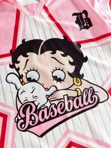 ROMWE MEN Betty Boop | ROMWE 男士夏季粉色卡通星星印花短袖 Polo 衫，2000 年代风格 - 粉色 - 查看 4