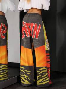 Jeanoix 街头风格涂鸦印花低腰阔腿牛仔裤 - 彩色 - 查看 6