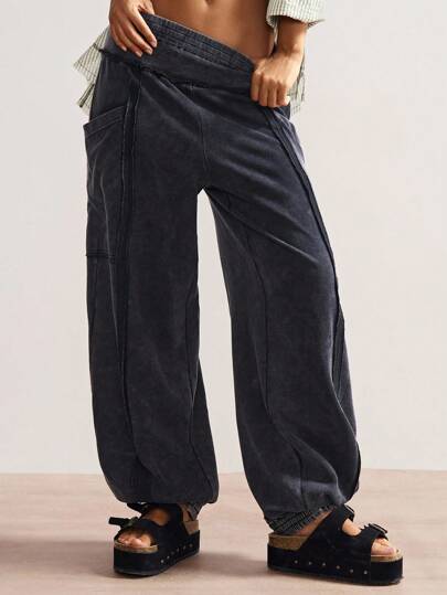 Bohemela Women's Casual Solid Color Knit Loose Wash Pants Pants With Pockets Baggy Cargo Pants Women