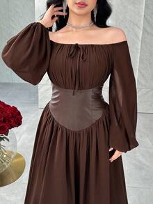 Feyla Damen elegantes Kleid mit Off-Shoulder Silhouette und geraffter Taille - Braun - Übersicht 6