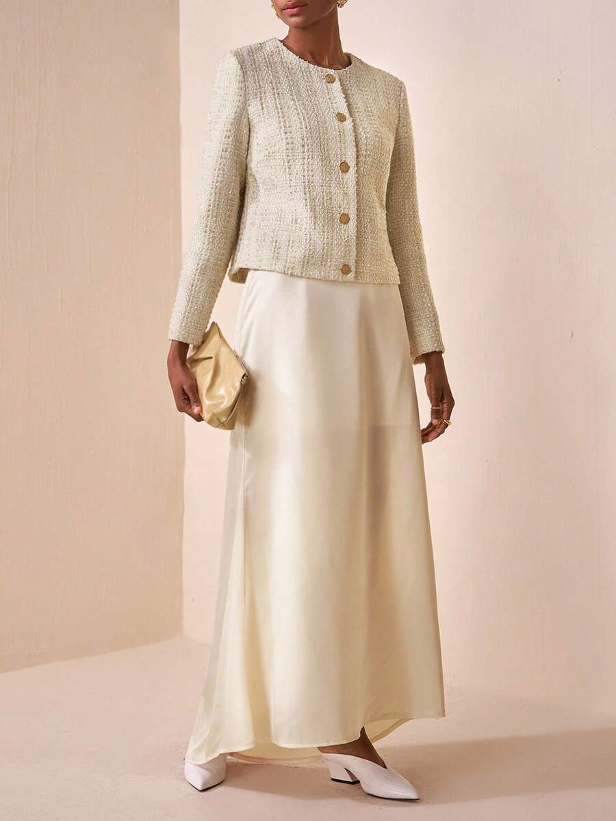 Zivah Autumn New 2 Pieces Set,Crew Neck Long Sleeve Jacket With Metal Decor & High-Waist Satin Skirt,Elegant Beige Semi Formal Music Festival Graduation - Apricot - View 1