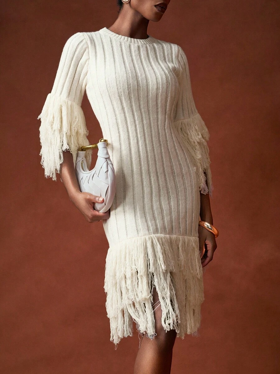 Zivah Off-White Autumn Elegant Party Ladies Sweater Dress,Round Neck Three-Quarter Sleeves Tassel Fringe Hem Ribbed Wool Mini Slim Dress Birthday Commuting - Apricot - View 1