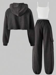 SHEIN 3 件套青少年女孩休闲街头服饰套装，包括羊毛字母印花运动衫、吊带背心和工装裤，秋冬 - 深灰色 - 查看 2