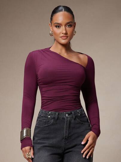 Silquee Women's Elegant Pleated Slim Fit Asymmetrical Neckline Long Sleeve T-Shirt, Summer , Christmas Women's New Year Style Women's Going Out Tops, Women's Christmas Tops, Women's Vintage Style Women's Retro Tops