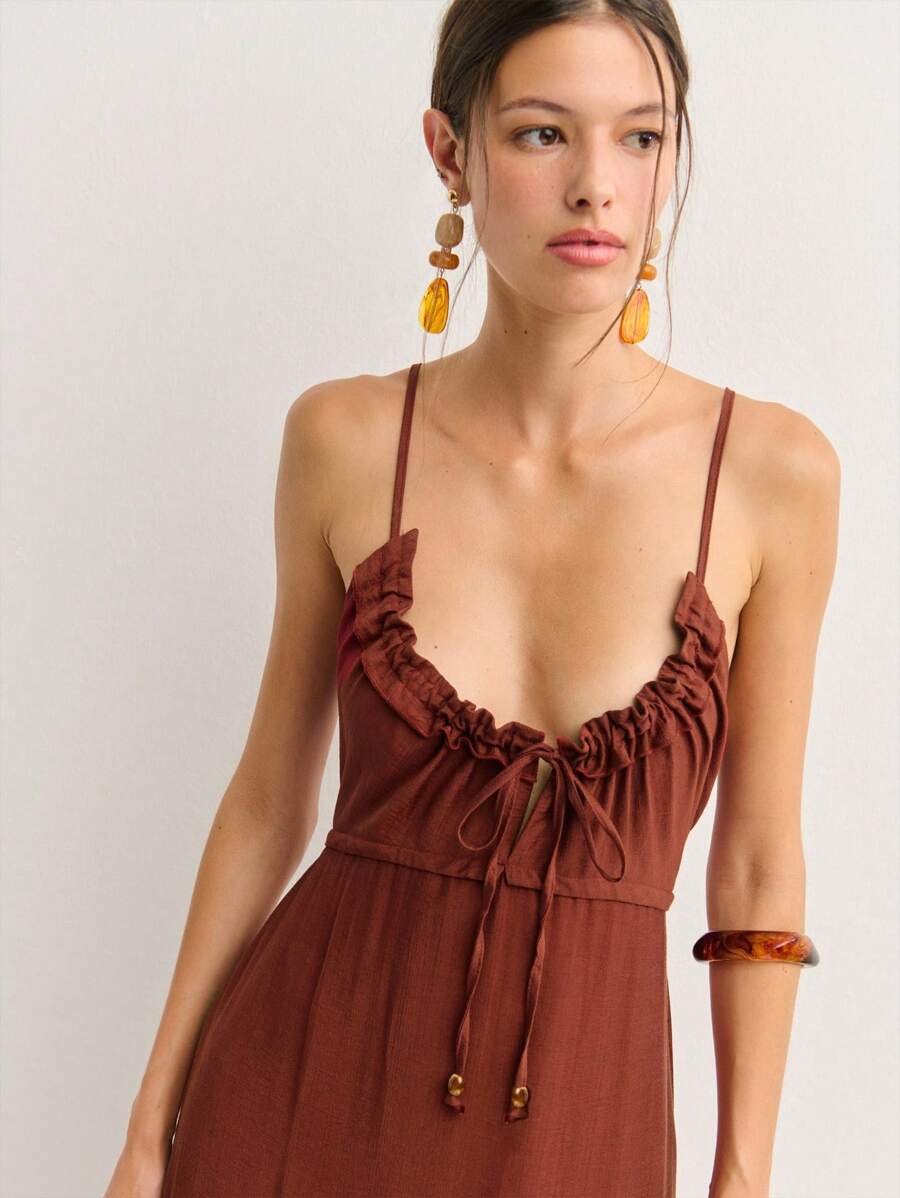 Nöista 层叠式长裙，荷叶边细节，胸部系带。轻盈飘逸的面料，完美契合圣约翰节、节日盛装以及温暖夏日。阳光风格的迷人之选。 - 紅色 - 查看 1