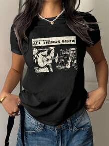 Attitoon 休闲街头风格照片印花图案修身女式短袖T恤，适合夏季、音乐节、朋克风格、Y2K - 黑色 - 查看 4