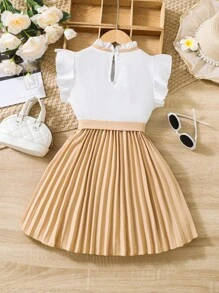 SHEIN Elladie kids 女小童雙色前蝴蝶結荷葉邊百褶下擺連衣裙 - 卡其色 - 查看 2