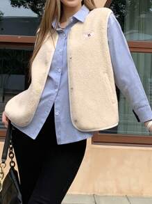 INAWLY Women's Cream White Lamb Fleece Vest Jacket,Elegant,Casual Occasion,Warm Lambswool With Cherry Patch,Metal Buttons,Autumn,Vintage Slim Fit,Flattering - White - View 3