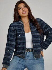 Comfylo Plus Size Women Striped Glitter Baseball Jacket In Fall/Winter - Blue - View 3