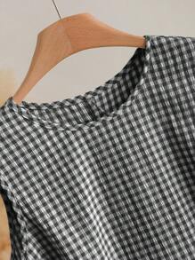 CosyJoli Bộ 2 món kẻ caro cỡ lớn dành cho nữ, Áo sơ mi thiết kế lưng thời trang cỡ lớn, Tay ngắn thường ngày, Bộ 2 món màu xanh lá cây cỡ lớn, Bộ 2 món thời trang thường ngày cho ngày lễ - Đen và trắng - Xem 4