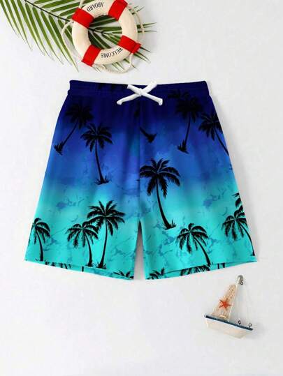 Tween Boys' Fashionable Loose Print Beach Shorts, Suitable For Summer, Beach, Outdoor Activities, Swimming