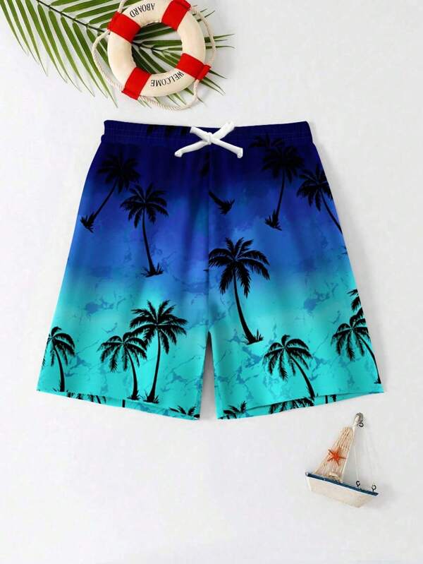 Tween Boys' Fashionable Loose Print Beach Shorts, Suitable For Summer, Beach, Outdoor Activities, Swimming