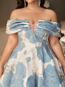 Aureia Plus Size Elegant Luxurious Blue & Gold Jacquard Off-Shoulder V-Neck Ruched A-Line Dress, Suitable For Party, Celebration, Formal Dinner, Gala - Blue - View 4