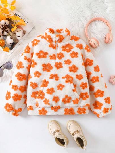 1pc Tween Girl Orange Floral Print Faux Fur Half Zip Up Stand Collar Long Sleeve Sweatshirt Flower Hoodie Girls Winter Clothes