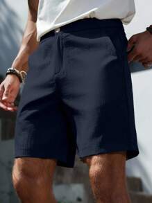 Manfinity Homme Quần short trơn màu thường ngày mùa hè dành cho nam - Màu xanh hải quân - Xem 3