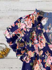 Breezaya 女士粉色花卉印花V领荷叶边短袖宽松衬衫 - 藏蓝色 - 查看 3