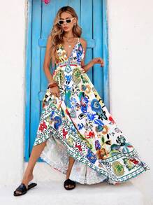 Vivid Eden 1 chiếc váy hở lưng in họa tiết dệt cho kỳ nghỉ của phụ nữ có viền xòe - Nhiều màu - Xem 7