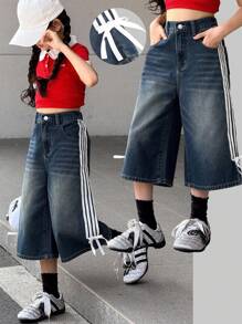 SHEIN Tween Girls' Loose Fit Contrast Color Drawstring Denim Pants With Bowknot