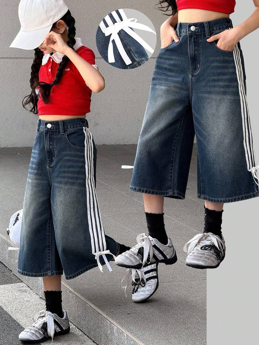 SHEIN Tween Girls' Loose Fit Contrast Color Drawstring Denim Pants With Bowknot