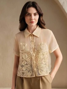 Anewsta Collared Wrap Front Elegant Sexy Short Sleeve Regular Length Casual Blouse