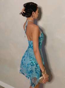 Glamine Blue Sleeveless Dress With Sparkling Sequins, Lightweight And Minimalist Design With Bead Embellishments, Perfect For A Party Look.