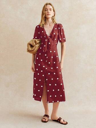 Écloséra V领短袖刺绣前系带单排扣女式连衣裙