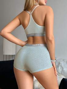 2 Stücke Damen sexy, bequemer, bunter Baumwolle Grafik-Muster Sport-Anzug Set - Hellgrau - Übersicht 2