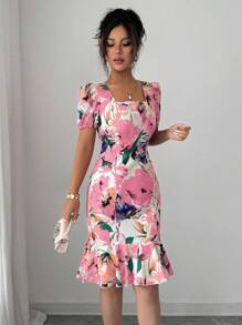 Elenzga Robe élégante et romantique à col carré et volants avec imprimé floral, pour femmes