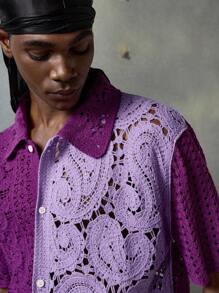 NEON BLANC Men's Casual Knitted Short Sleeve Purple Patchwork Sweater