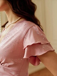 SHEIN Clasi Women's Elegant Top With Foil Printing And Ruffle Sleeves - Pink - View 3