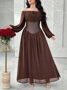 Feyla Damen elegantes Kleid mit Off-Shoulder Silhouette und geraffter Taille - Braun - Übersicht 2