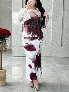 Feyla 2pcs Women Elegant Floral Print Flare Sleeve Top And Mermaid Hem Skirt Set - Multicolor - View 1