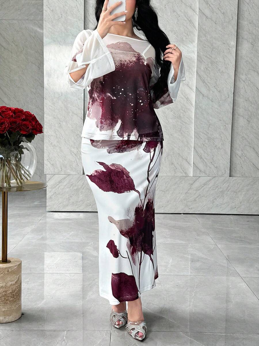 Feyla 2pcs Women Elegant Floral Print Flare Sleeve Top And Mermaid Hem Skirt Set - Multicolor - View 1