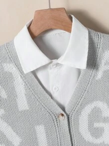 Tween Boy 1 Piece American Street Style Light Gray Letter-Print Cardigan , Classic V-Neck Button Front, Loose Fit Long Sleeve Knit Sweater, Medium Weight Soft Cardigan For School Daily Wear, Father-Son Matching, Birthday & New Year Gift Idea - Light Grey - View 4