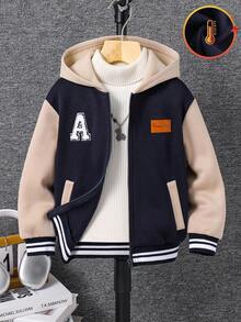 SHEIN Toddler Boys Casual Patchwork Color Block Thick Hooded Jacket, Suitable For School, Garden, Birthday, Fall, Winter Season, Halloween, Vintage - Multicolor - View 3